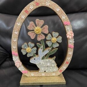 Easter Wood and Beaded Easter Egg and Bunny with Flowers